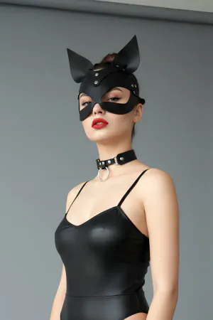 Black Faux Leather Cat Mask Women Adjustable with Choker