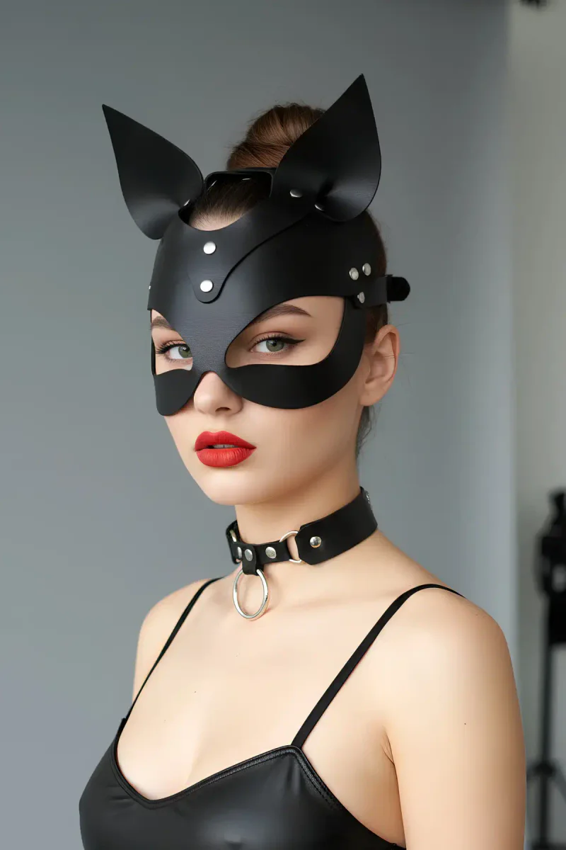 Black Faux Leather Cat Mask Close