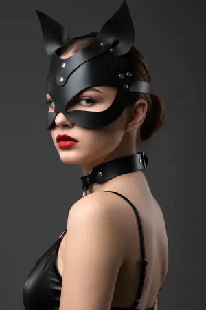 Black Faux Leather Cat Mask Women Adjustable with Choker