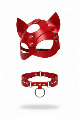 Red Faux Leather Cat Mask and O-Ring Collar Set with silver studs