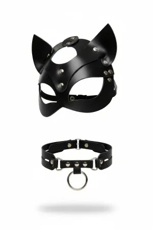 Black Faux Leather Cat Mask with O-Ring Choker Set