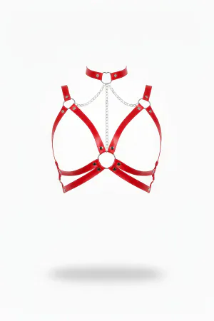 Red Faux Leather Chest Harness Choker Silver Chain Detail