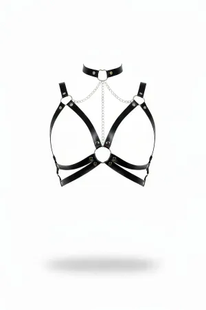 Black Faux Leather Chest Harness with Choker and Chain Detail