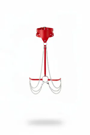 Red Faux Leather Choker Body Harness with Draped Silver Chains