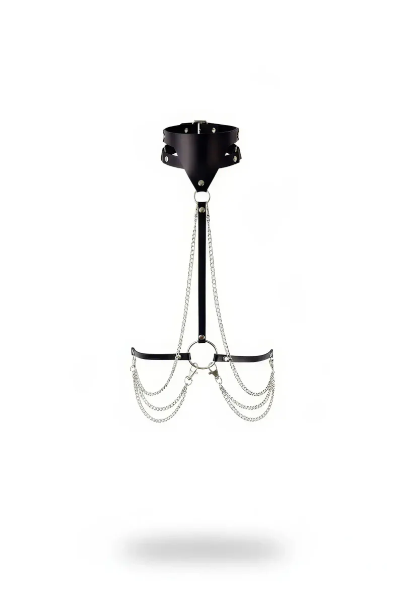Black Faux Leather Collar Body Harness with Cascading Silver Chains