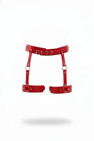Red Faux Leather Waist Garter Harness with Adjustable Buckle and Silver O-Rings, designed for women's fashion