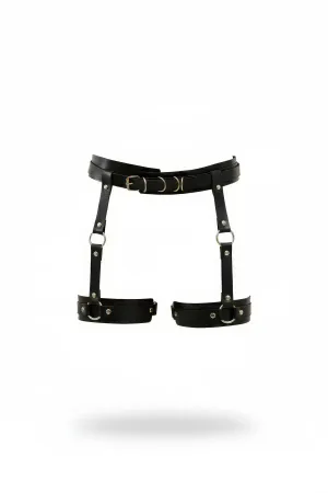 Black Faux Leather Garter Harness with Silver O-Rings and Adjustable Thigh Straps
