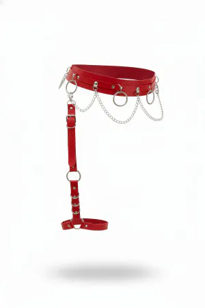 Red Faux Leather Garter Harness with Silver O-Ring Chains Adjustable Waist