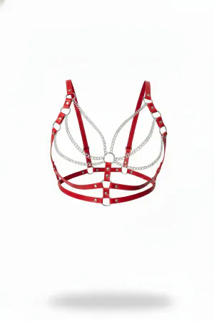 Red Faux Leather Harness Bra with Cascading Bust Chains and O-Rings