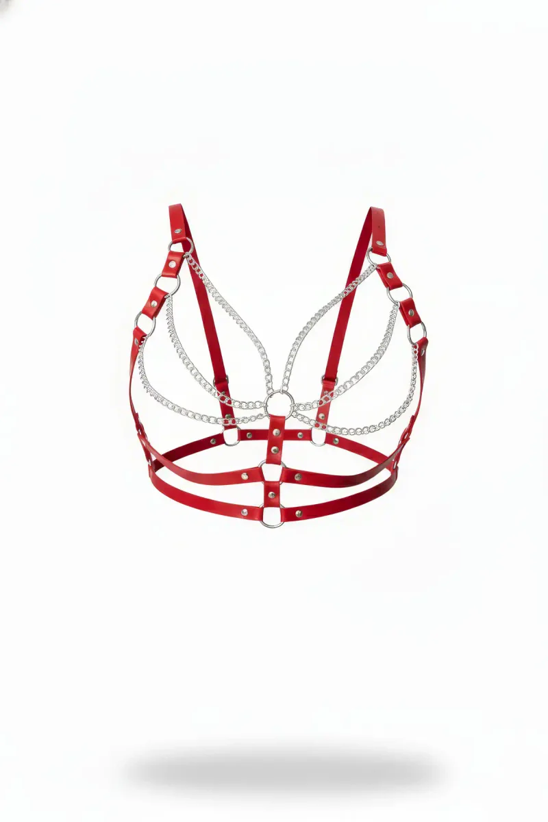 Red Faux Leather Harness Bra with Cascading Bust Chains and O-Rings