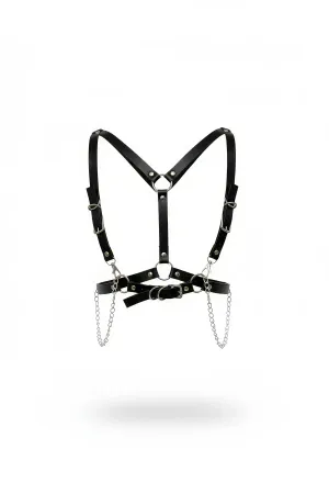 Black Faux Leather Chest Harness with Detachable Chains and O-Rings