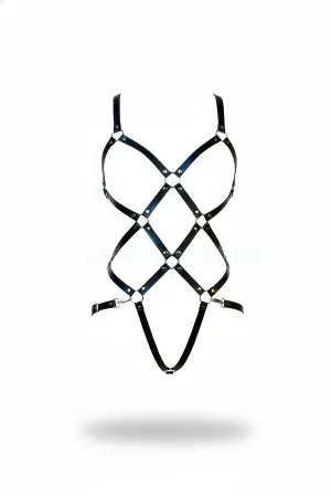 Black faux leather strappy cage body harness with O-rings