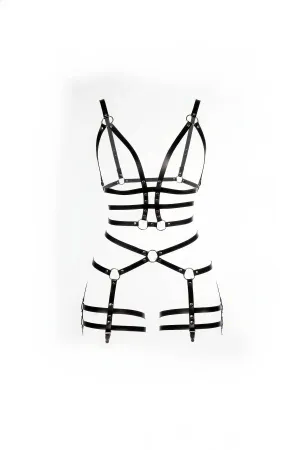 Black Faux Leather Full Body Harness with O-Ring Details Adjustable Straps