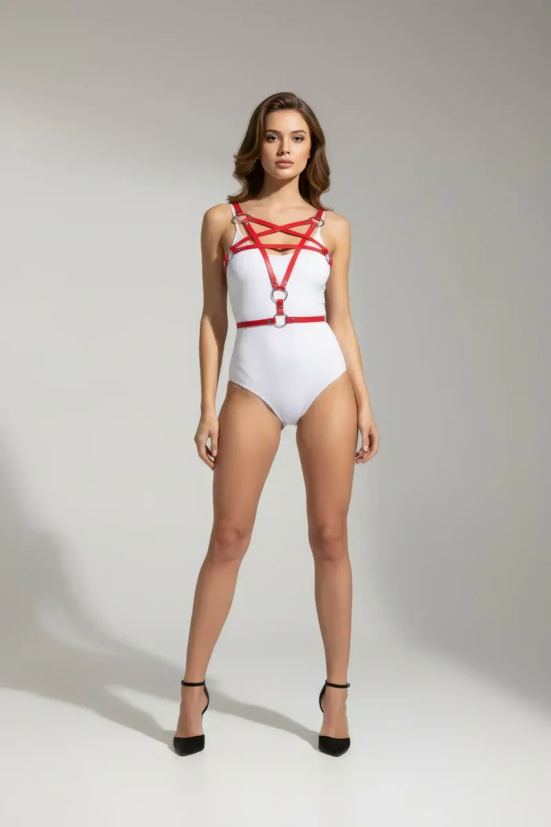 Red Vegan Leather Body Harness Front