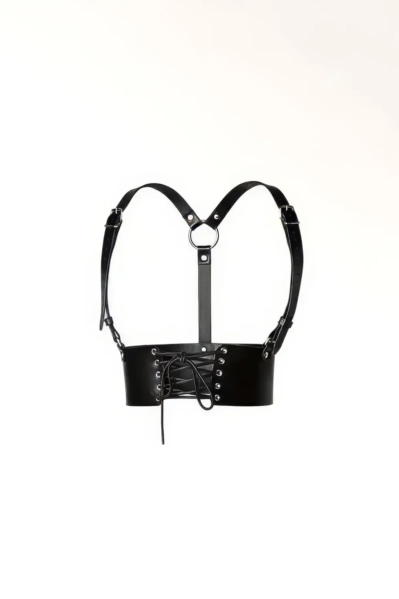 Black Faux Leather Corset Waist Harness Women O-Ring Details