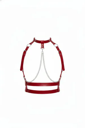 Red Faux Leather Choker Harness with Draped Silver Chains and Dual Underbust Bands
