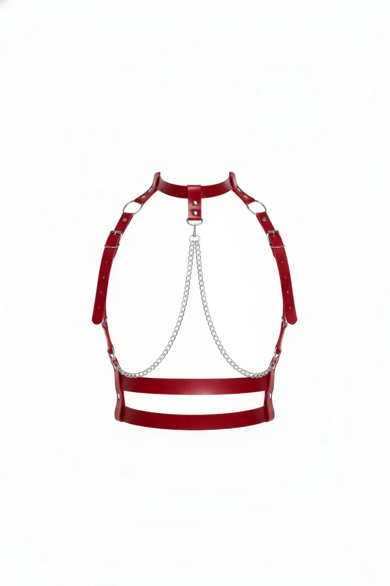 Red Faux Leather Choker Harness with Draped Silver Chains and Dual Underbust Bands