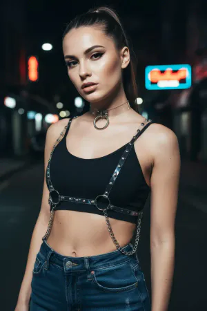 Transparent Vinyl Body Harness Silver Studs O-Rings Chains Worn Black Crop Top