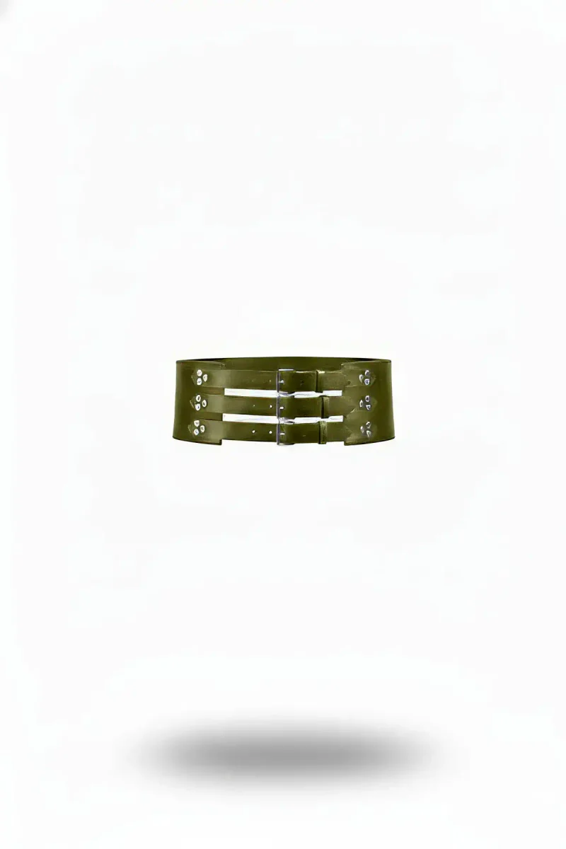 Khaki Faux Leather Waist Belt Triple Buckle Straps Silver Studs