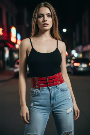 Red Faux Leather Triple-Strap Waist Harness Belt Women Adjustable