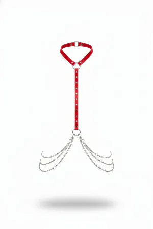 Red Faux Leather Choker Body Harness with Draped Silver Chains
