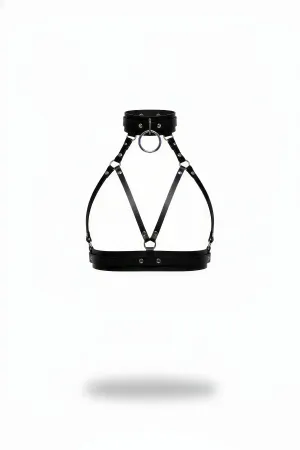 Black Faux Leather Chest Harness with Silver O-Ring Choker