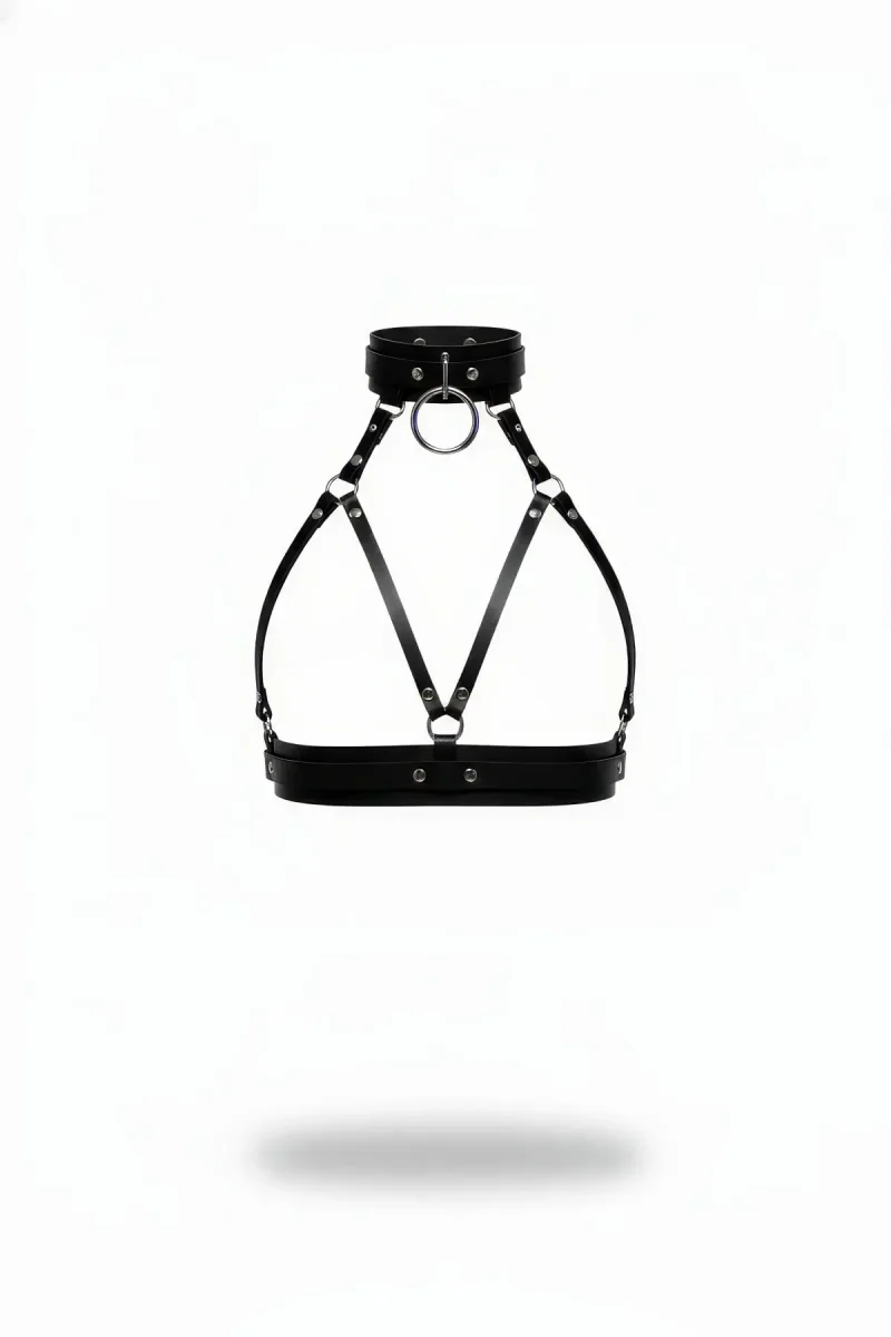 Black Faux Leather Chest Harness with Silver O-Ring Choker