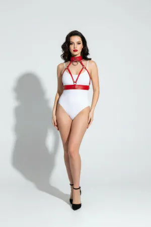 Red Faux Leather Choker & Chest Harness Set for Women, Adjustable Straps