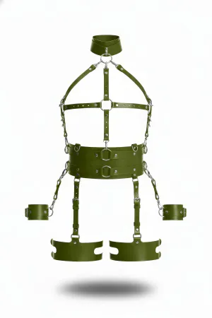 Khaki Faux Leather Full Body Harness with Wide Belt and Detachable Cuffs and Chains