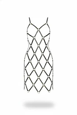Black faux leather diamond mesh body harness dress with O-ring details