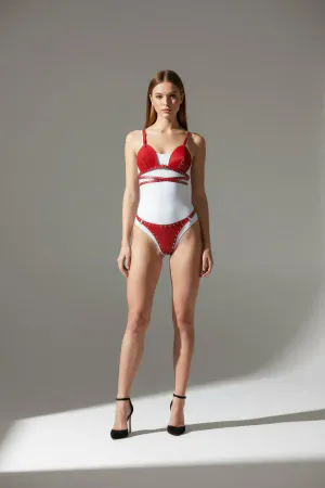 Red Faux Leather Harness Set with Studded Straps and adjustable buckles