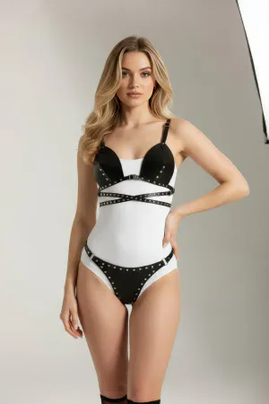 Black Studded Faux Leather Harness Bralette and Panty Set for Women