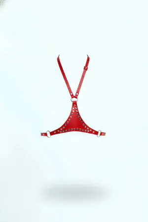 Red Faux Leather Halter Chest Harness with Studs and O-Ring Detail