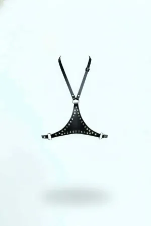 Black Faux Leather Studded Chest Harness Women O-Ring Detail