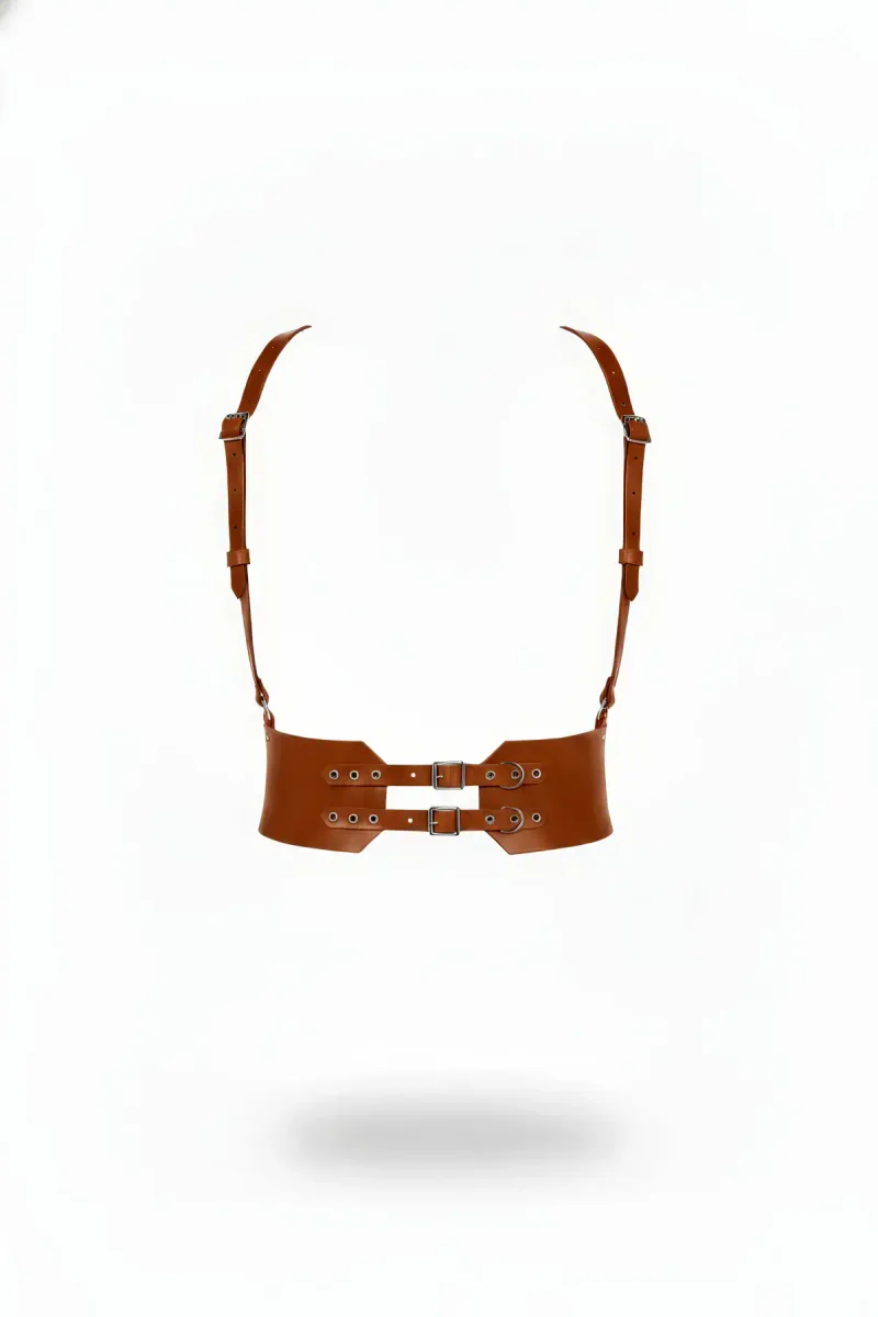 Tan Faux Leather Waist Cinch Harness Shoulder Straps with Silver Buckles