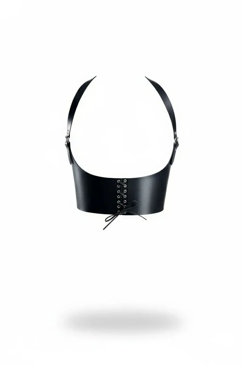 Black Faux Leather Underbust Corset Harness Wide Shoulder Straps Lace-Up Back