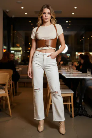 Caramel Faux Leather Corset Waist Harness Front Lace-Up Detail