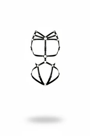 Black Faux Leather Strappy O-Ring Full Body Harness with Adjustable Straps