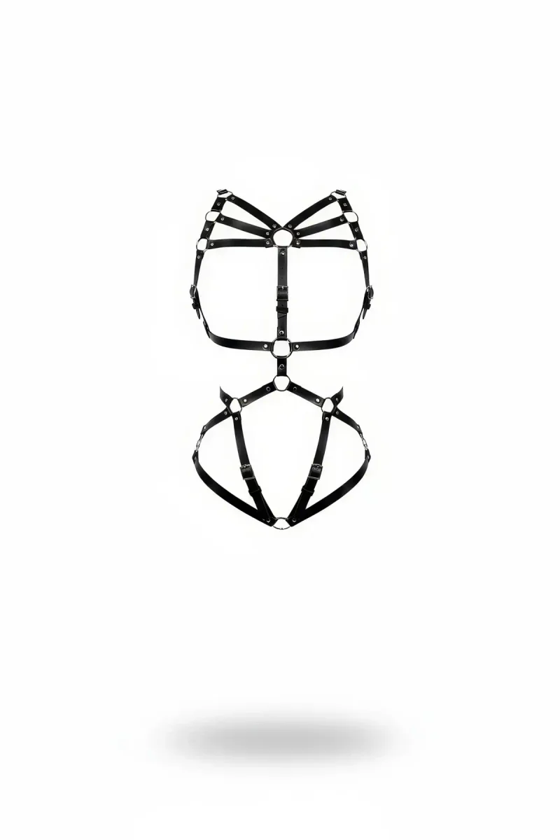 Siyah Suni Deri Tam Vücut Body Harness Metal Halka Detaylı