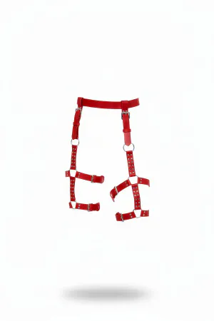 Red faux leather leg garter harness with adjustable straps and O-ring