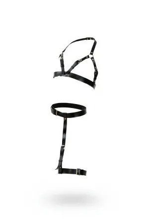 Black Faux Leather Chest Harness with Adjustable Straps and Single Thigh Garter