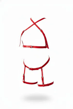 Red Faux Leather Body Harness and Leg Garter Set with Adjustable Silver Buckles and Crossed Back Straps