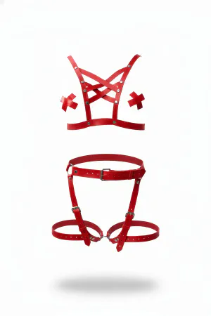 Red Faux Leather Harness Set with Studded Cross Bra and Thigh Garters