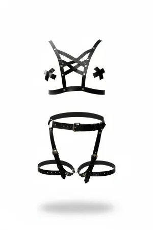 Black Faux Leather Chest Harness with Studded Cross Detail and Matching Leg Garter Straps