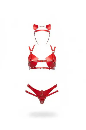 Red Faux Leather Harness Bralette and Thong Set with Cat Ears