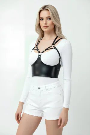 Black Faux Leather Bustier Harness with Studded Cups Women
