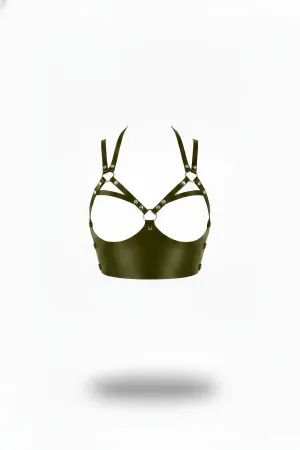 Khaki Open Cup Harness Bra Vegan Leather Silver Studs