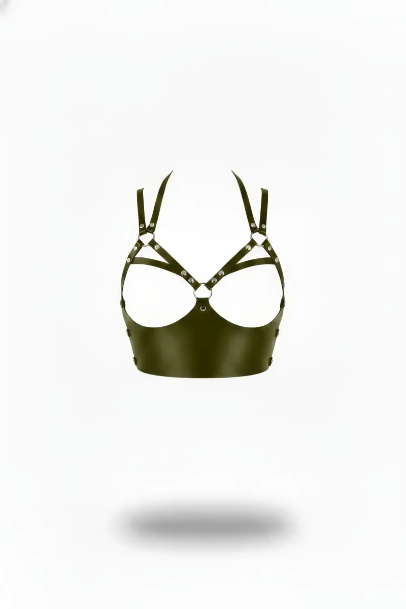 Khaki Open Cup Harness Bra Vegan Leather Silver Studs