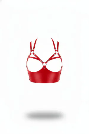 Red Open Cup Faux Leather Bustier Harness with Silver Studs and O-Rings