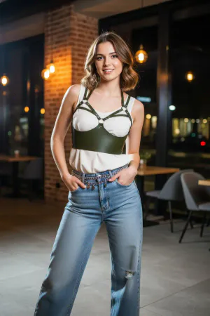 Studded Vegan Leather Harness Bralette Top Olive Green White